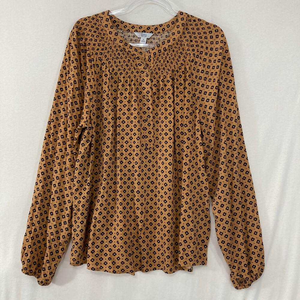 New Croft & Barrow Blouse XL Geometric Print Smocked Popover Rayon Preppy